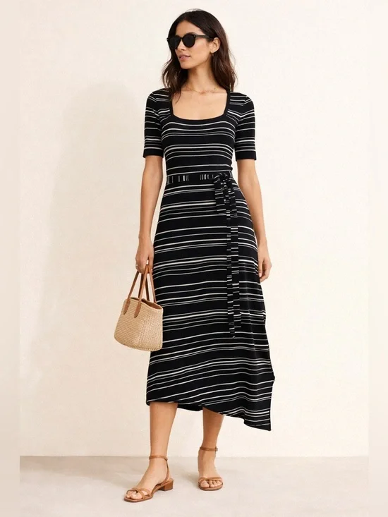 Club Monaco Asymmetrical Belted Knit Midi Dress Stripe Sz S - Picture 1 of 16